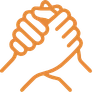 Orangefarbenes Icon, das zwei sich helfende Hände beim Händedruck zeigt, Symbol für Förderung und Bildung.