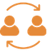 Orangefarbenes Icon mit zwei Personen im Kreislauf, Symbol für Netzwerk und Austausch.