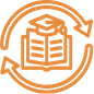 Orangefarbenes Icon mit einem offenen Buch und kreisenden Pfeilen für Weiterbildung und Wissen.