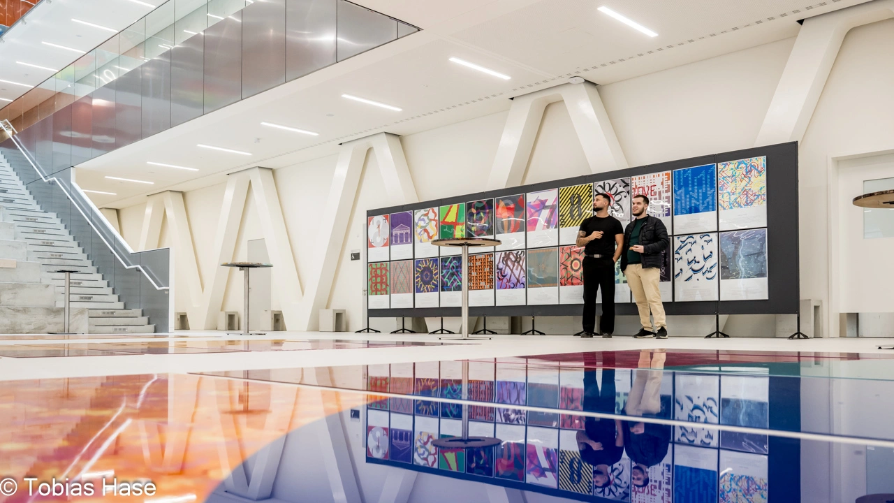 ausstellung-meisterstuecke-gestalter-muenchen.jpg Zwei junge Männer betrachten eine Galerie mit verschiedenen farbigen Gestaltungsentwürfen in einer modern gestalteten Ausstellungshalle.